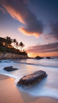 Tropical beach with coconut palm tree at sunset. Nature background.Beautiful sunset on the tropical beach with palm trees and rocks. Long exposure. Nature background