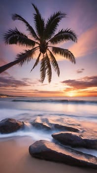 Tropical beach with coconut palm tree at sunset. Nature background.Beautiful sunset on the tropical beach with palm trees and rocks. Long exposure. Nature background