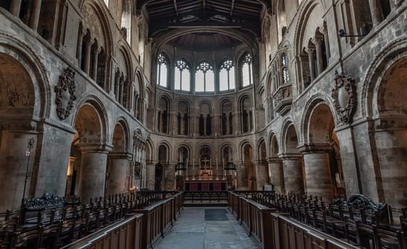 London, UK - Feb 27, 2024 - Interior view of The Church of St Bartholomew the Great in the City of London. Facing east, Space for text, Selective focus.