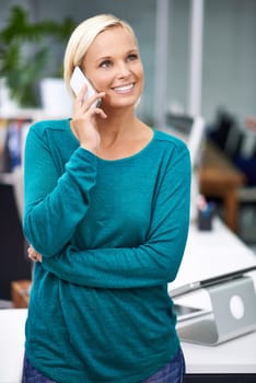Business woman, phone call and smile in office for networking, contact and negotiation. Corporate person, smartphone and happy for conversation, communication and mobile connection in workplace.