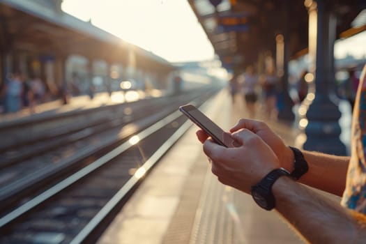 close up hand of a man looking phone on railway station platform and waiting train.