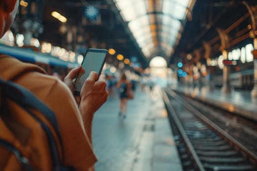 close up hand of a man looking phone on railway station platform and waiting train.