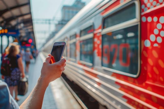 close up hand of a man looking phone on railway station platform and waiting train.