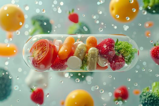 vegetables and fruits in capsule of medicine, vitamins from natural, healthy food, supplement.