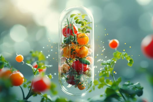 vegetables and fruits in capsule of medicine, vitamins from natural, healthy food, supplement.