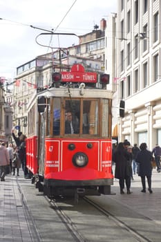 turkey Istanbul 12 may 2023. Nostalgic red tram in Taksim Square.