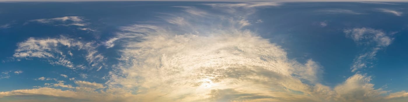 Dark blue sunset sky panorama with pink Cumulus clouds. Seamless hdr 360 pano in spherical equirectangular format. Full zenith for 3D visualization, game, sky replacement for aerial drone panoramas