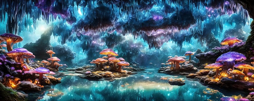 Crystal Cave, a subterranean world filled with shimmering crystal formations, glowing mushrooms, and irides. Generative AI