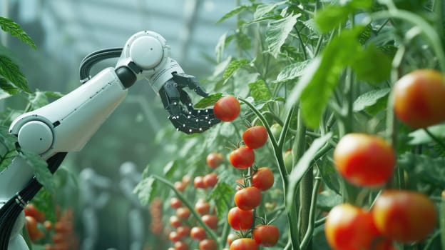 A robotic arm efficiently picks harvesting product, a type of vegetable, in a greenhouse to produce healthy and natural foods. AIG41