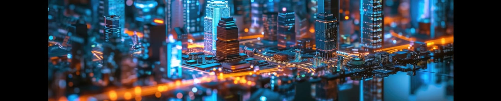 A conceptual visualization of a smart city with glowing structures on a digital circuit board, symbolizing urban technology integration concept. AIG41