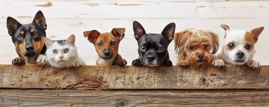 The picture of front view and close up of the multiple group of the various cat and dog in front of the wood object background that look back to the camera with the curious and interest face. AIGX03.
