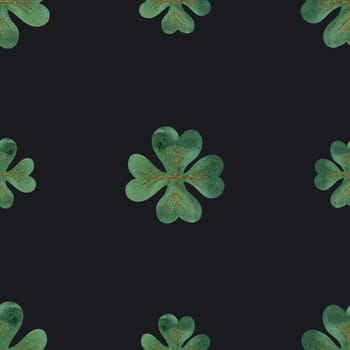 Seamless pattern with symbols of Ireland. Wrapping paper for St. Patrick's Day. Watercolor in vintage style on a black background