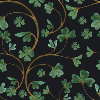 Seamless pattern with symbols of Ireland. Wrapping paper for St. Patrick's Day. Watercolor in vintage style on a black background