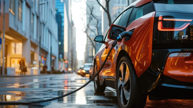 An electric car charges at a public station on a rainy city street, signifying the growth of eco-friendly transportation options. AIG41