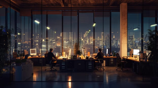 A gathering of individuals occupies office desks in a building during nighttime. The room features water fixtures, tables, and glass elements. AIG41