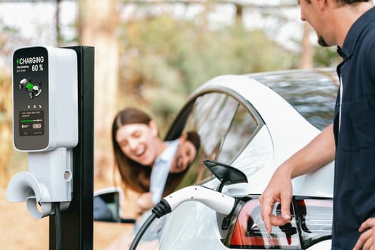 Lovely young couple recharging battery for electric car during autumnal road trip travel EV car in autumnal forest. Eco friendly travel on vacation during autumn. Exalt