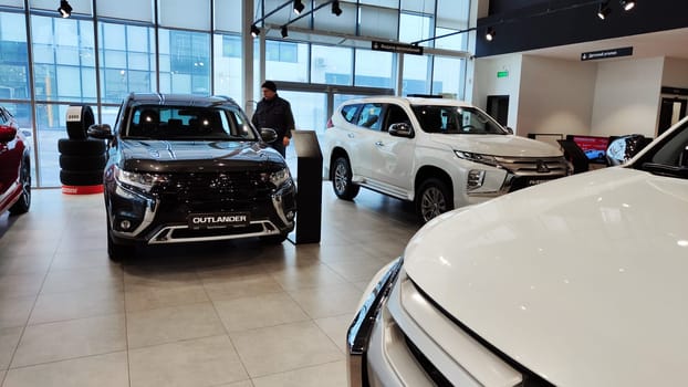 Cheboksary, Russia - March 20, 2023: Cars in showroom of dealership Mazda