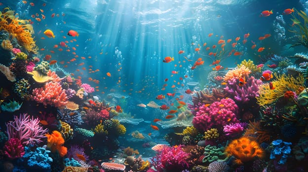 An underwater ecosystem teeming with vibrant aquatic plants, stony corals, and a variety of fish, creating a colorful and diverse coral reef in the ocean