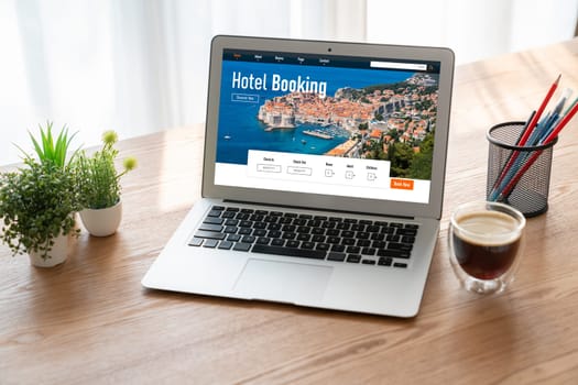 Online hotel accommodation booking website provide modish reservation system . Travel technology concept .