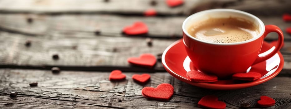 cup of coffee on a wooden background with hearts on a wooden background, Generative AI,