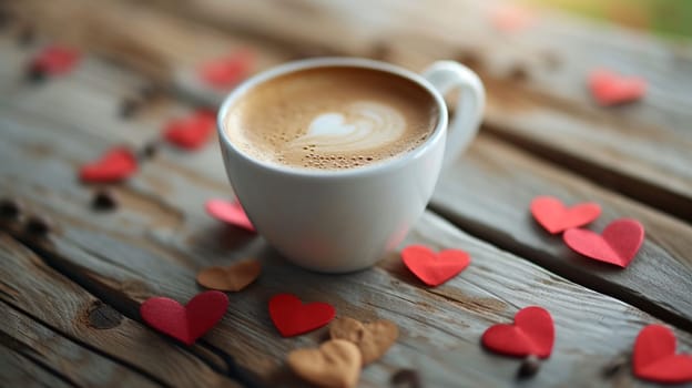 cup of coffee on a wooden background with hearts on a wooden background, Generative AI,