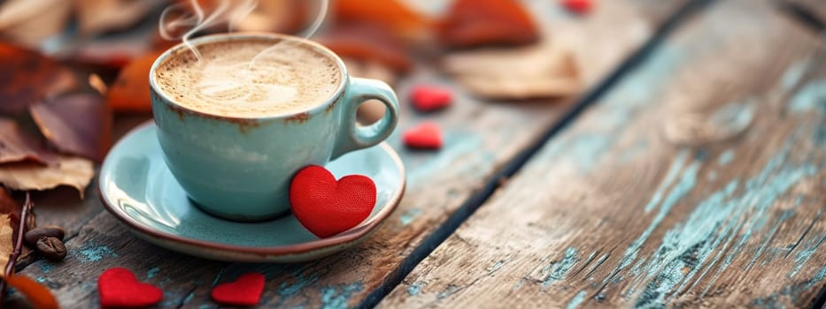 cup of coffee on a wooden background with hearts on a wooden background, Generative AI,