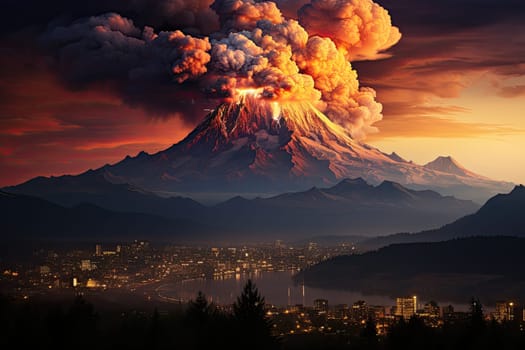 large volcanic eruption with a large release of smoke and ash, at the foot of the volcano city, river, natural disaster, Generative AI