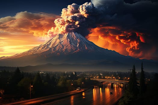 large volcanic eruption with a large release of smoke and ash, at the foot of the volcano city, river, natural disaster, Generative AI