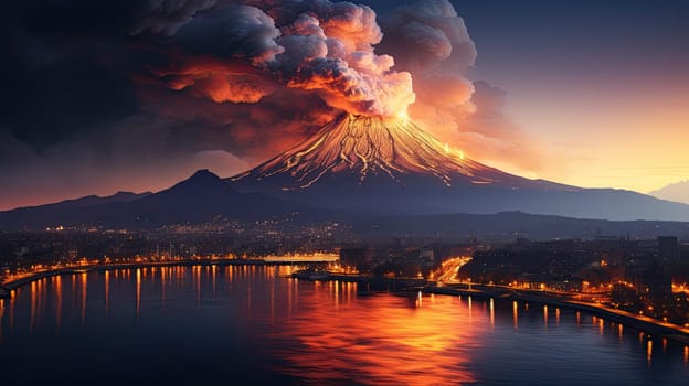 large volcanic eruption with a large release of smoke and ash, at the foot of the volcano city, river, natural disaster, Generative AI