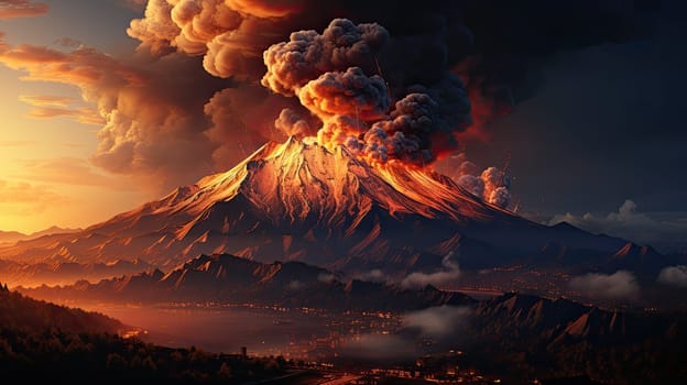 large volcanic eruption with a large release of smoke and ash, at the foot of the volcano city, river, natural disaster, Generative AI