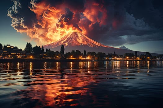 large volcanic eruption with a large release of smoke and ash, at the foot of the volcano city, river, natural disaster, Generative AI