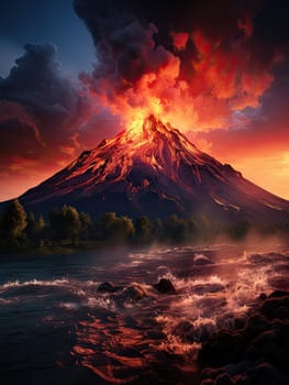 large volcanic eruption with a large release of smoke and ash, at the foot of the volcano city, river, natural disaster, Generative AI