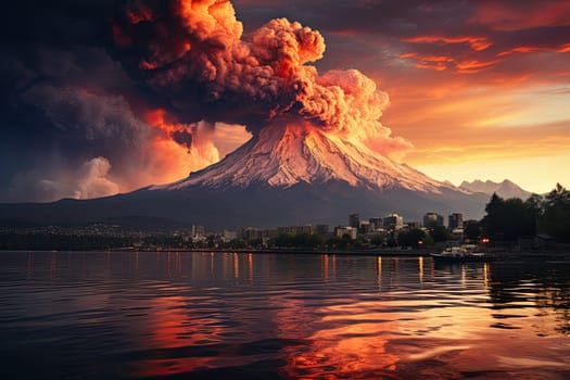 large volcanic eruption with a large release of smoke and ash, at the foot of the volcano city, river, natural disaster, Generative AI