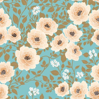Floral Seamless Pattern of White Flowers and Khaki Green Leaves on Light Blue Backdrop. Wallpaper Design for Printing on Fashion Textile, Fabric, Wrapping Paper, Packaging.