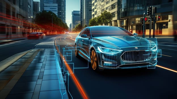 Electronic safety of the car on the road in the city. connected cars, with IoT and smart technologies, neon. Generative ai