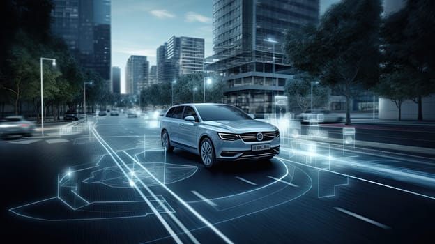 Electronic safety of the car on the road in the city. connected cars, with IoT and smart technologies, neon. Generative ai