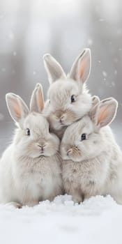 Three baby rabbits with fluffy ears and whiskers sitting on top of each other in the snow, showcasing their adorable snouts. A cute event of terrestrial animals