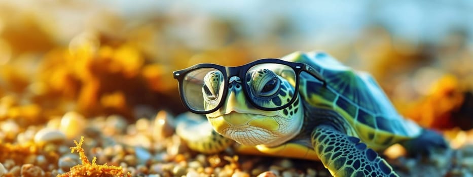funny turtle with big glasses, animals. Generative AI,