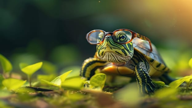funny turtle with big glasses, animals. Generative AI,