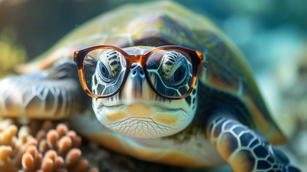 funny turtle with big glasses, animals. Generative AI,