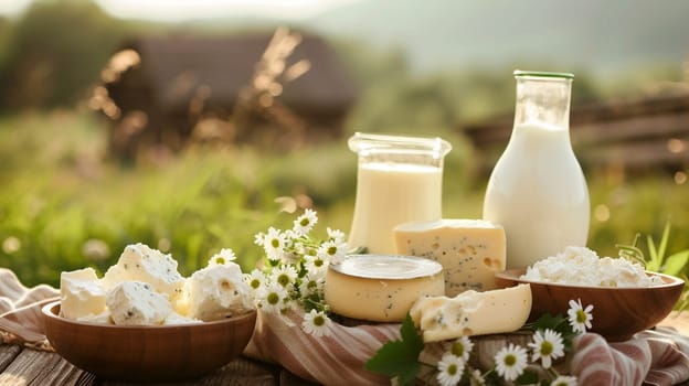 Dairy products on wooden background, selective focus, food Generative AI,