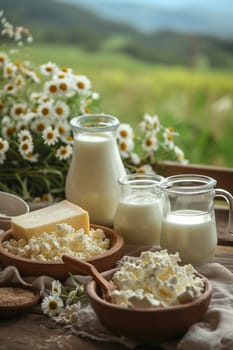 Dairy products on wooden background, selective focus, food Generative AI,