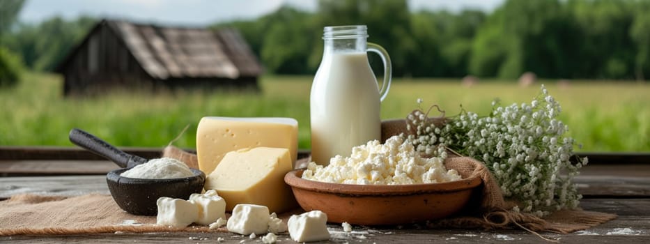 Dairy products on wooden background, selective focus, food Generative AI,