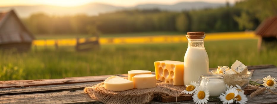Dairy products on wooden background, selective focus, food Generative AI,