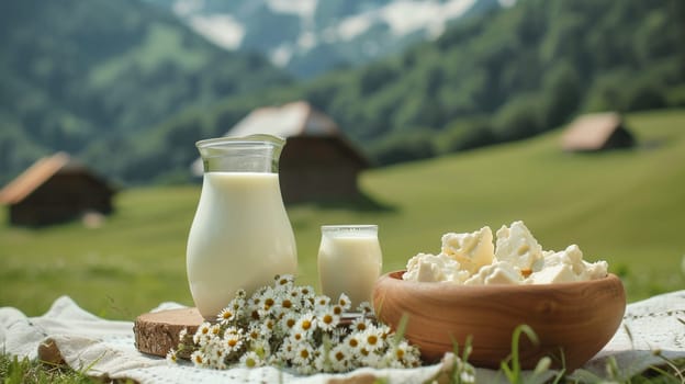 Dairy products on wooden background, selective focus, food Generative AI,