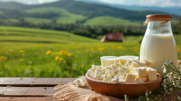 Dairy products on wooden background, selective focus, food Generative AI,