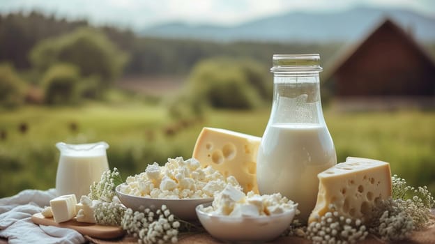 Dairy products on wooden background, selective focus, food Generative AI,