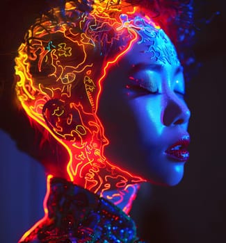 A human with jawdropping glow in the dark makeup featuring electric blue and magenta colors, turning her face into a stunning work of art in the darkness of an event