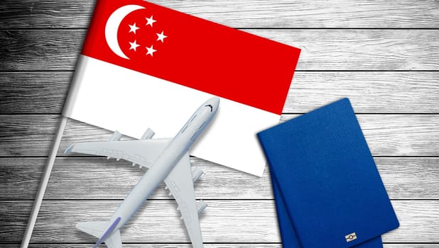 Illustration of a passenger plane flying over the flag of Singapore. Concept of tourism and travel. High quality photo