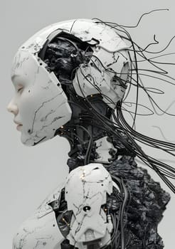 A closeup illustration of a robots head with wires protruding from it, showcasing the blend of visual arts and technology in monochrome photography